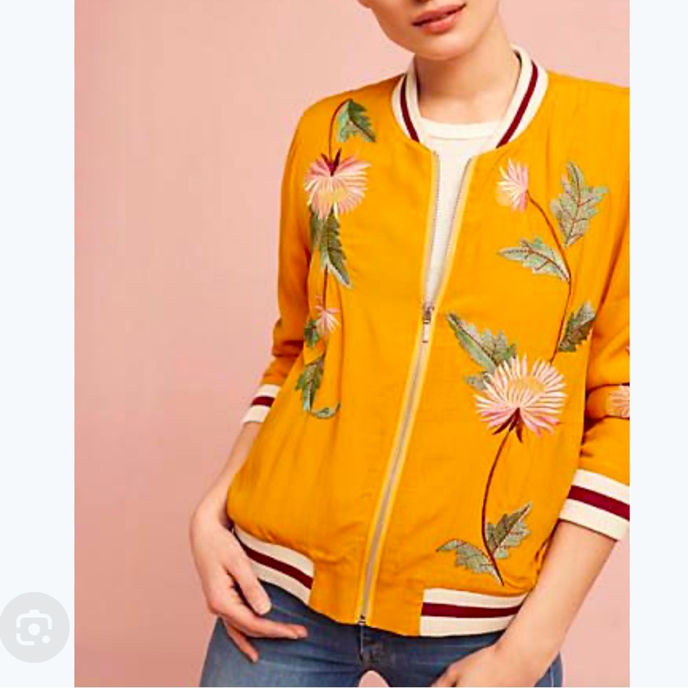 Gold floral Anthropologie embroidered bomber / letterman jacket, size S